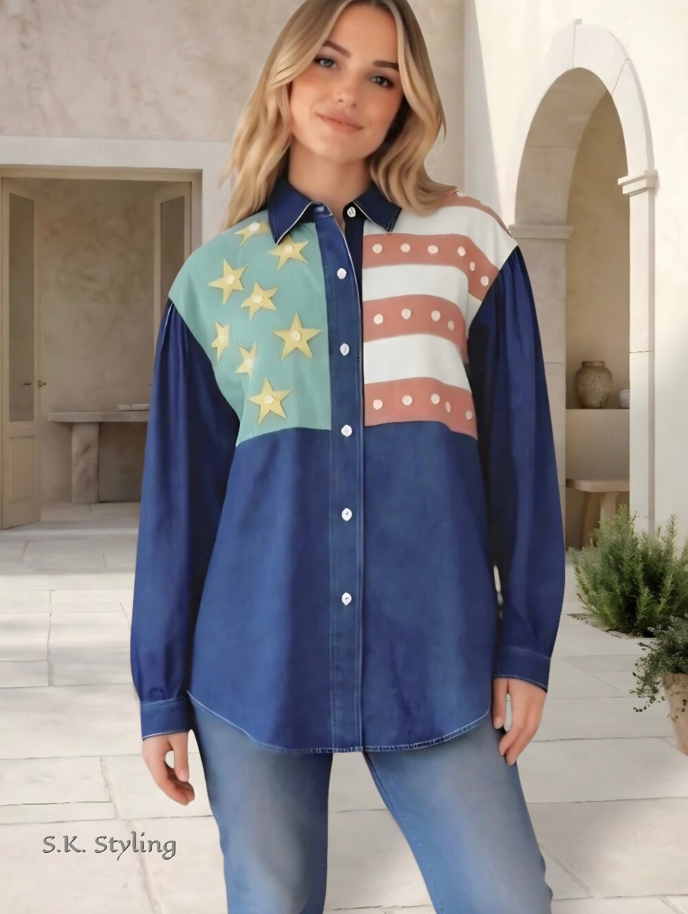 Vintage 80s Hairston Roberson ROPA  Patriotic Appliqué Denim Western Shirt S/M
